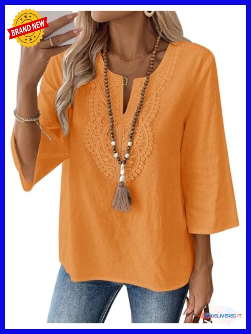 Women's Cotton Linen Tunic 3/4 Sleeve V-Neck Top
